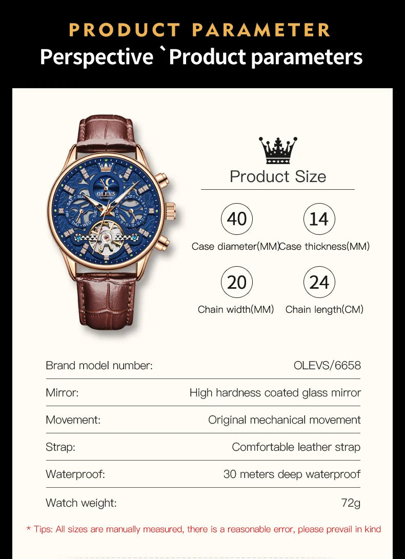 OLEVS 6658 Mens Watch Original Skeleton Multifunctional Chronograph Mechanical Watch Leather Strap Watches For Man Gifts Reloj