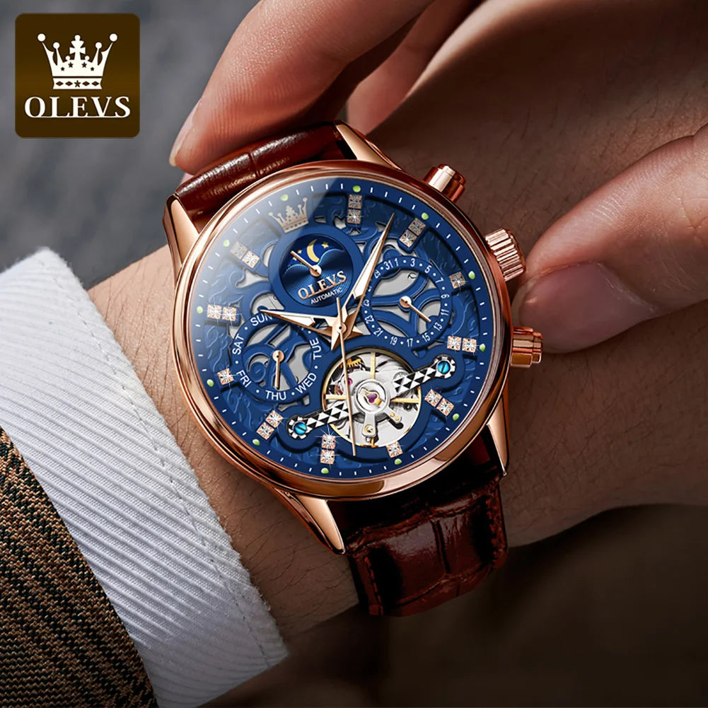 OLEVS 6658 Mens Watch Original Skeleton Multifunctional Chronograph Mechanical Watch Leather Strap Watches For Man Gifts Reloj