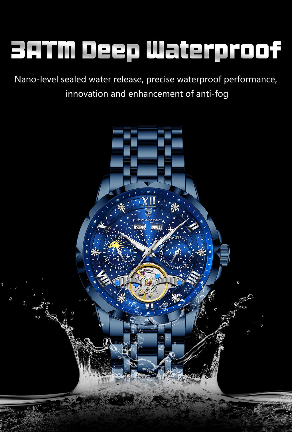 POEDAGAR Luxury Men Wristwatch Fashion Date Hollow Tourbillon Man Clock Automatic Mechanical Stainless Steel Men's Watches Reloj