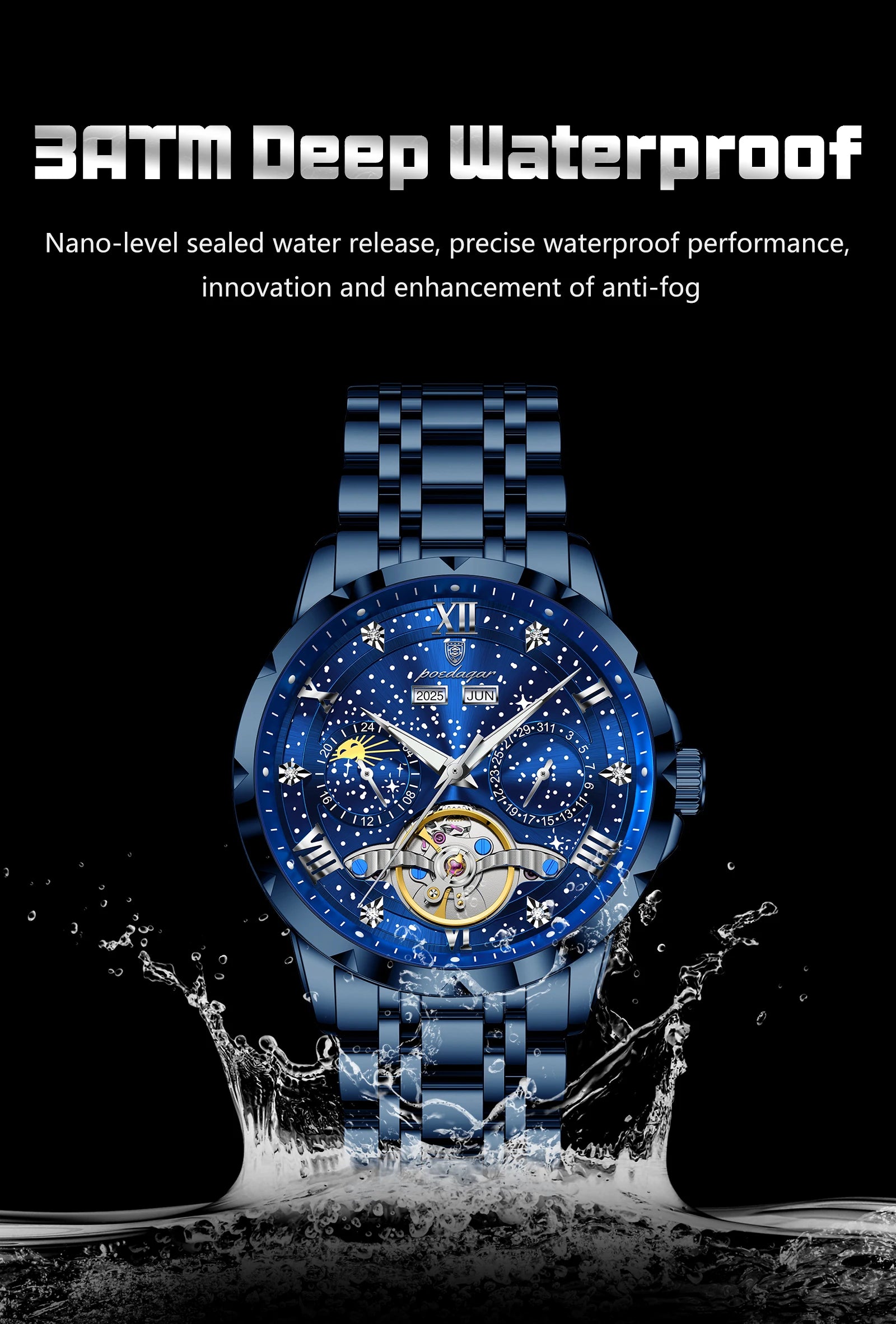 POEDAGAR Luxury Men Wristwatch Fashion Date Hollow Tourbillon Man Clock Automatic Mechanical Stainless Steel Men's Watches Reloj