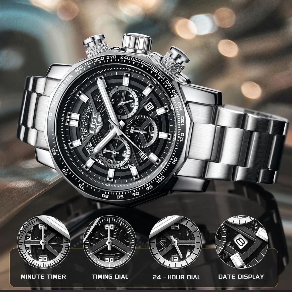 LIGE New Sport Chronograph Mens Watches Top Brand Luxury Full Steel Quartz Clock Waterproof Big Dial Watch Men Montre Homme