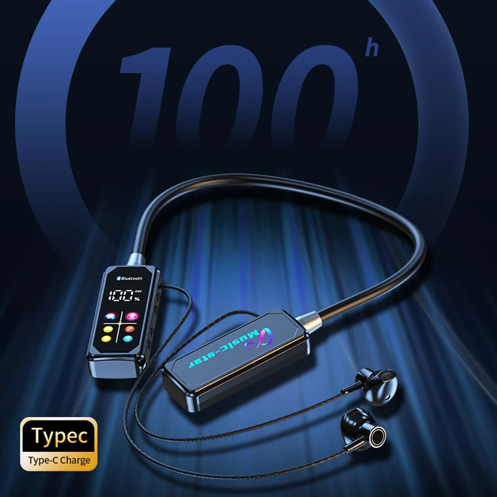 Bluetooth 5.4 Earphones with HD Screen Wireless Headsets Neckband Headphones HiFi Stereo Noise Reduction Earbuds for Live