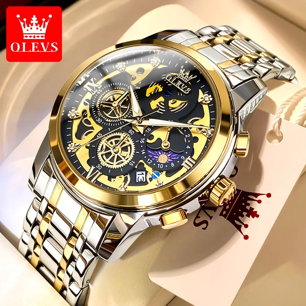 OLEVS Men's Watches Top Brand Luxury Original Waterproof Quartz Watch for Man Gold Skeleton Style 24 Hour Day Night New