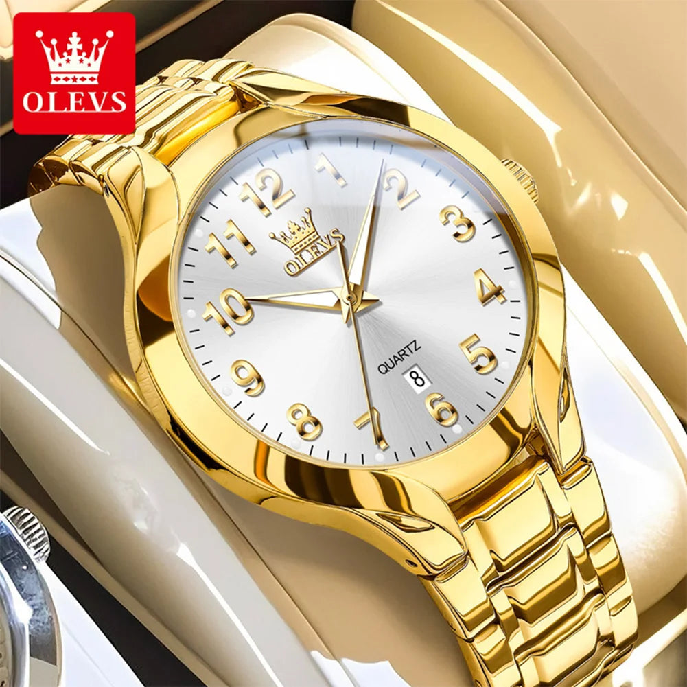 OLEVS 3650 Gold Watches for Men Classic Large Digital Dial Auto Date Waterproof Luminous Original Men's Quartz Wristwatch New