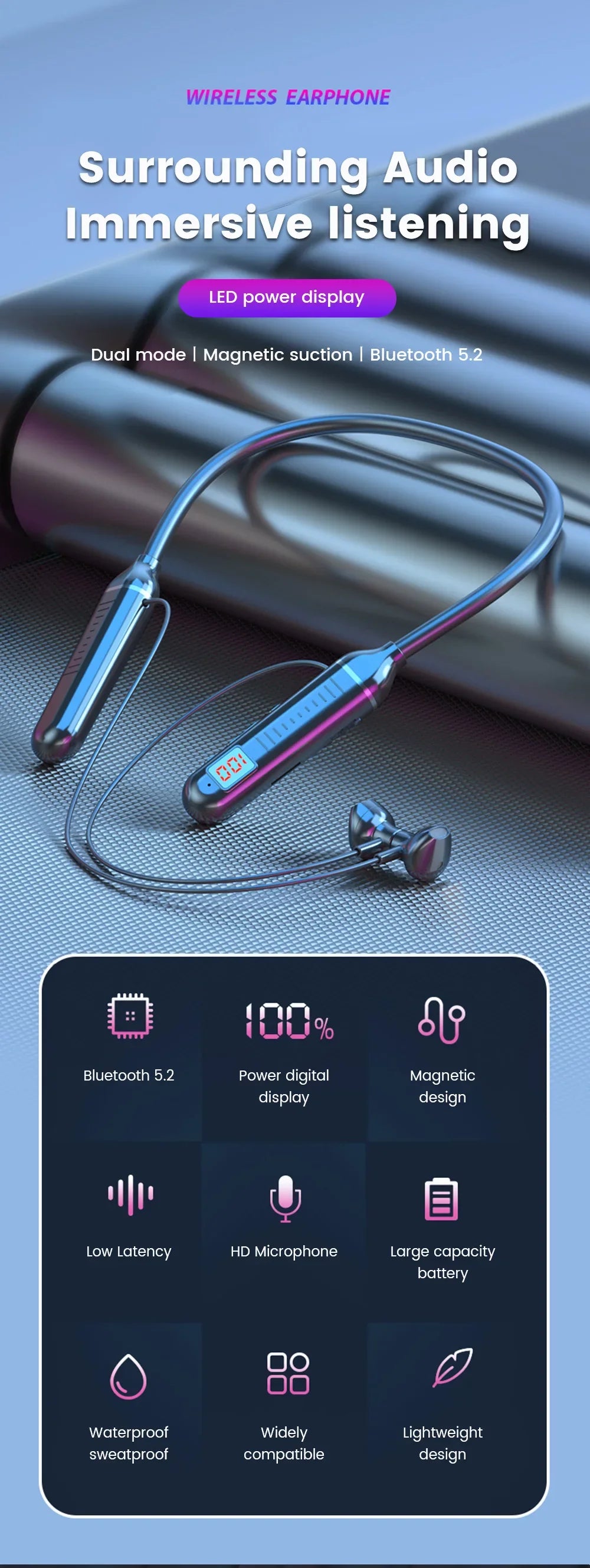 Wireless Earphones 5.3 Neckband Headphones Gaming LED Display Stereo Sports Headset Halter Waterproof Magnetic Earbuds