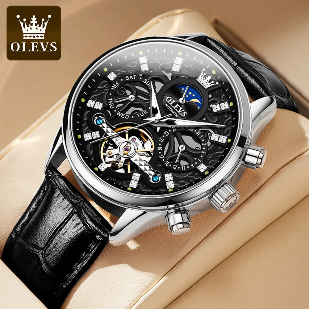 OLEVS 6658 Mens Watch Original Skeleton Multifunctional Chronograph Mechanical Watch Leather Strap Watches For Man Gifts Reloj