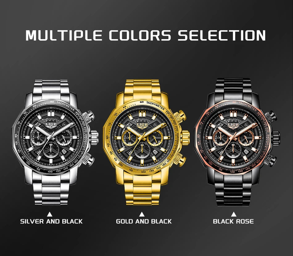 LIGE New Sport Chronograph Mens Watches Top Brand Luxury Full Steel Quartz Clock Waterproof Big Dial Watch Men Montre Homme
