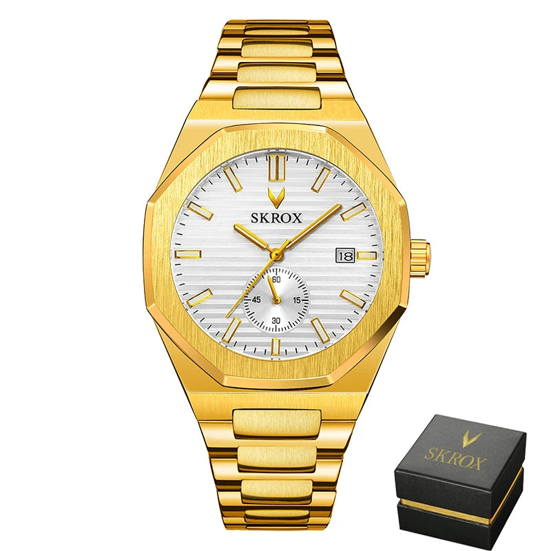 SKROX Official Original Octagonal Date Automatic Watches Top Luxury Man Gold Watch WATERRESISTANT Steel Mechanical Elegant Clock