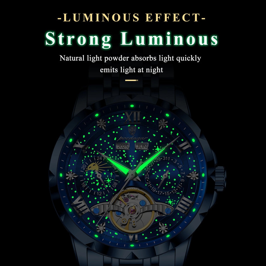 POEDAGAR Luxury Men Wristwatch Fashion Date Hollow Tourbillon Man Clock Automatic Mechanical Stainless Steel Men's Watches Reloj
