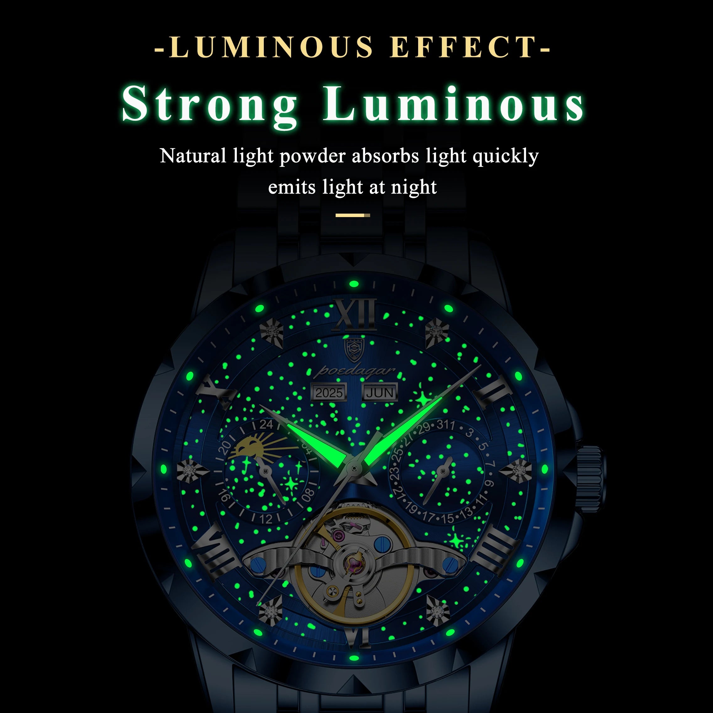 POEDAGAR Luxury Men Wristwatch Fashion Date Hollow Tourbillon Man Clock Automatic Mechanical Stainless Steel Men's Watches Reloj