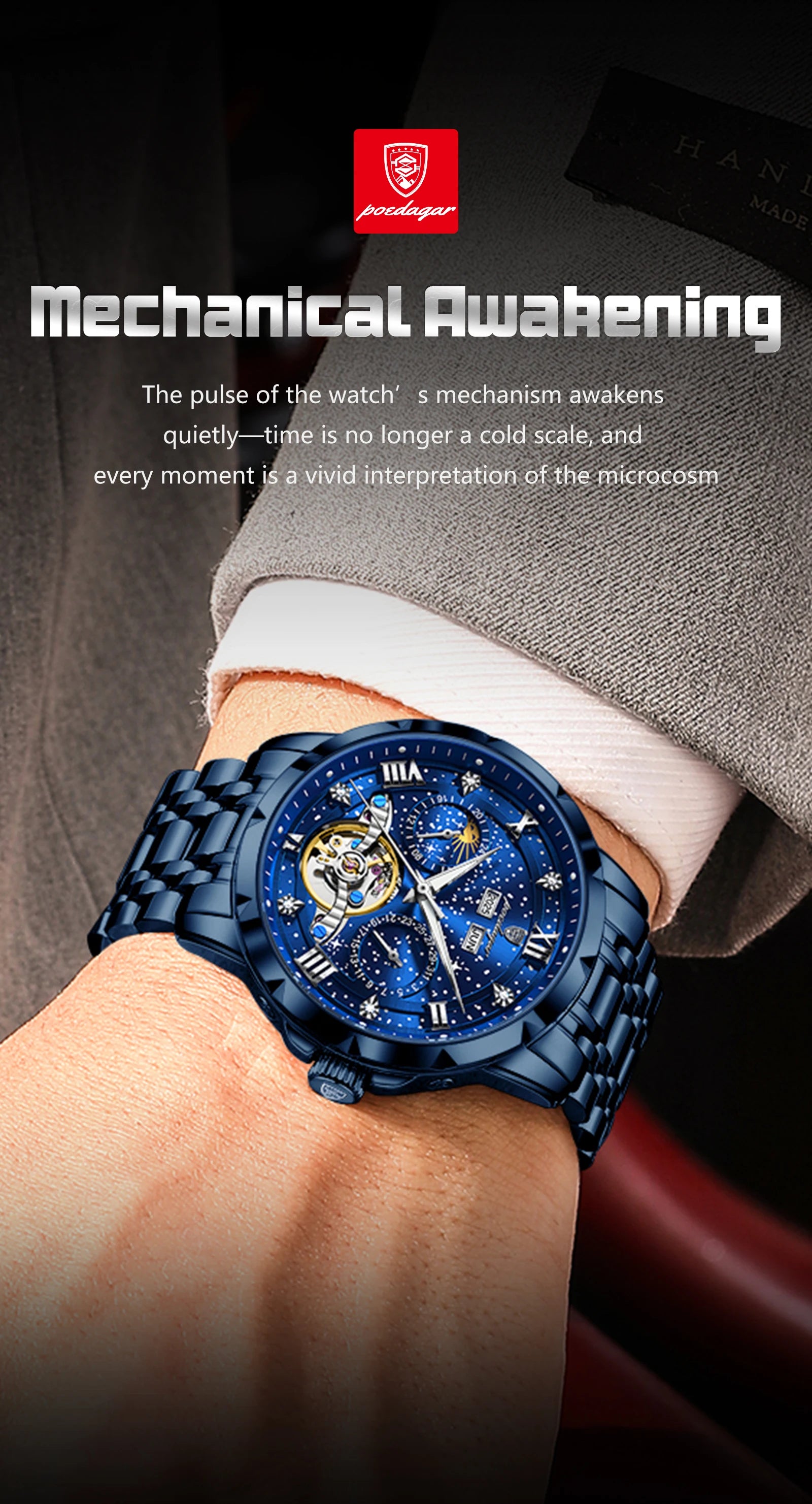 POEDAGAR Luxury Men Wristwatch Fashion Date Hollow Tourbillon Man Clock Automatic Mechanical Stainless Steel Men's Watches Reloj