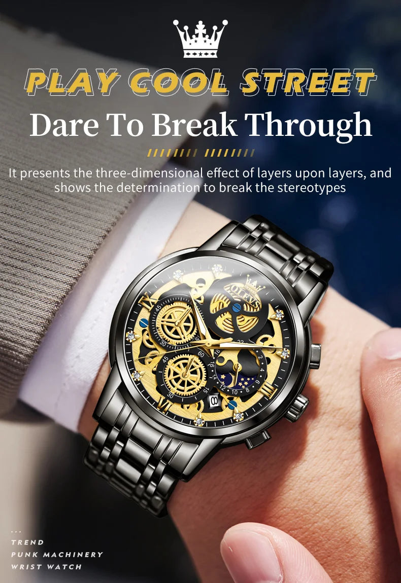 OLEVS Men's Watches Top Brand Luxury Original Waterproof Quartz Watch for Man Gold Skeleton Style 24 Hour Day Night New