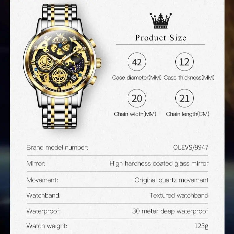 OLEVS Men's Watches Top Brand Luxury Original Waterproof Quartz Watch for Man Gold Skeleton Style 24 Hour Day Night New