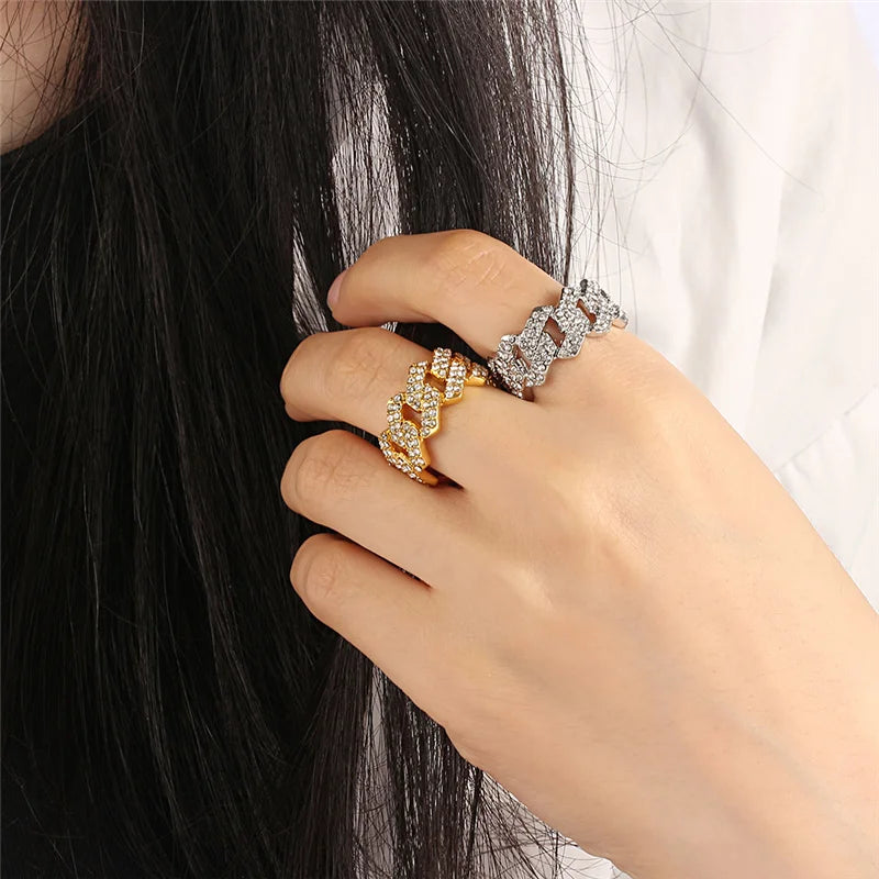 Iced Out Cuban Link Chain Ring for Men and Women, Gold Plated Bling, CZ Simulated Zircon, Hip Hop, Personalized Fashion