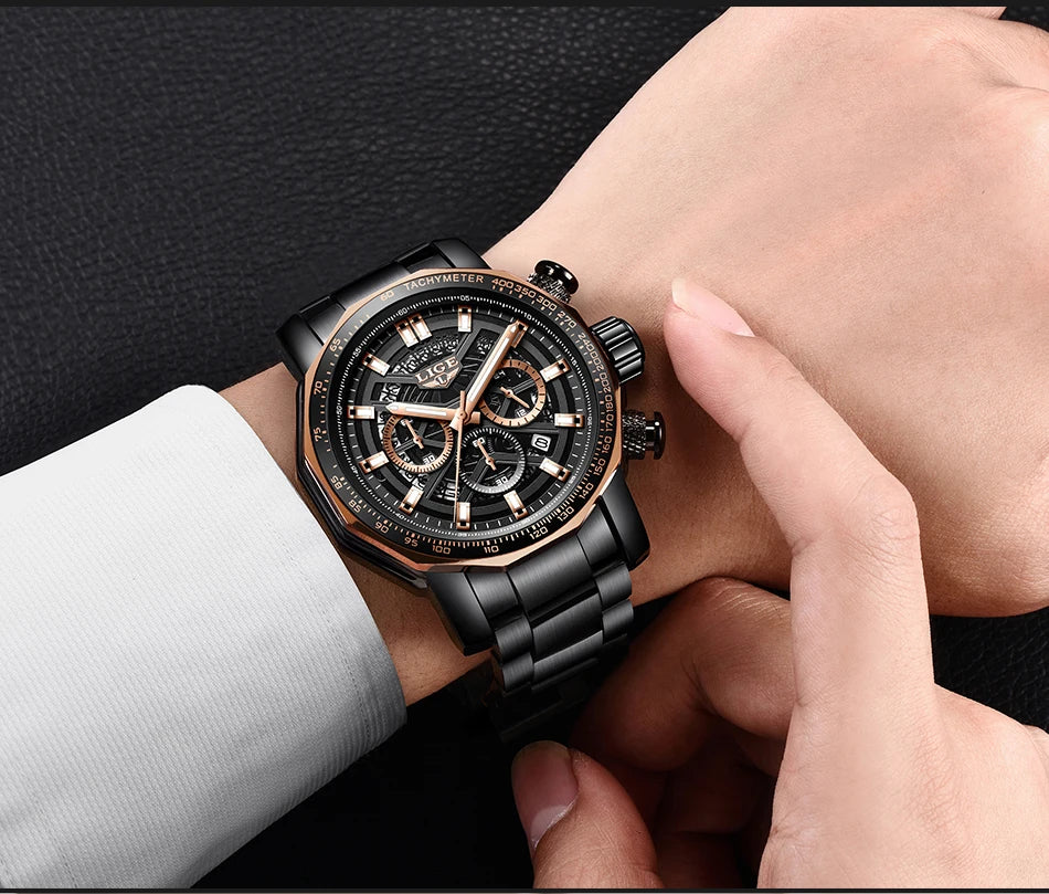 LIGE New Sport Chronograph Mens Watches Top Brand Luxury Full Steel Quartz Clock Waterproof Big Dial Watch Men Montre Homme
