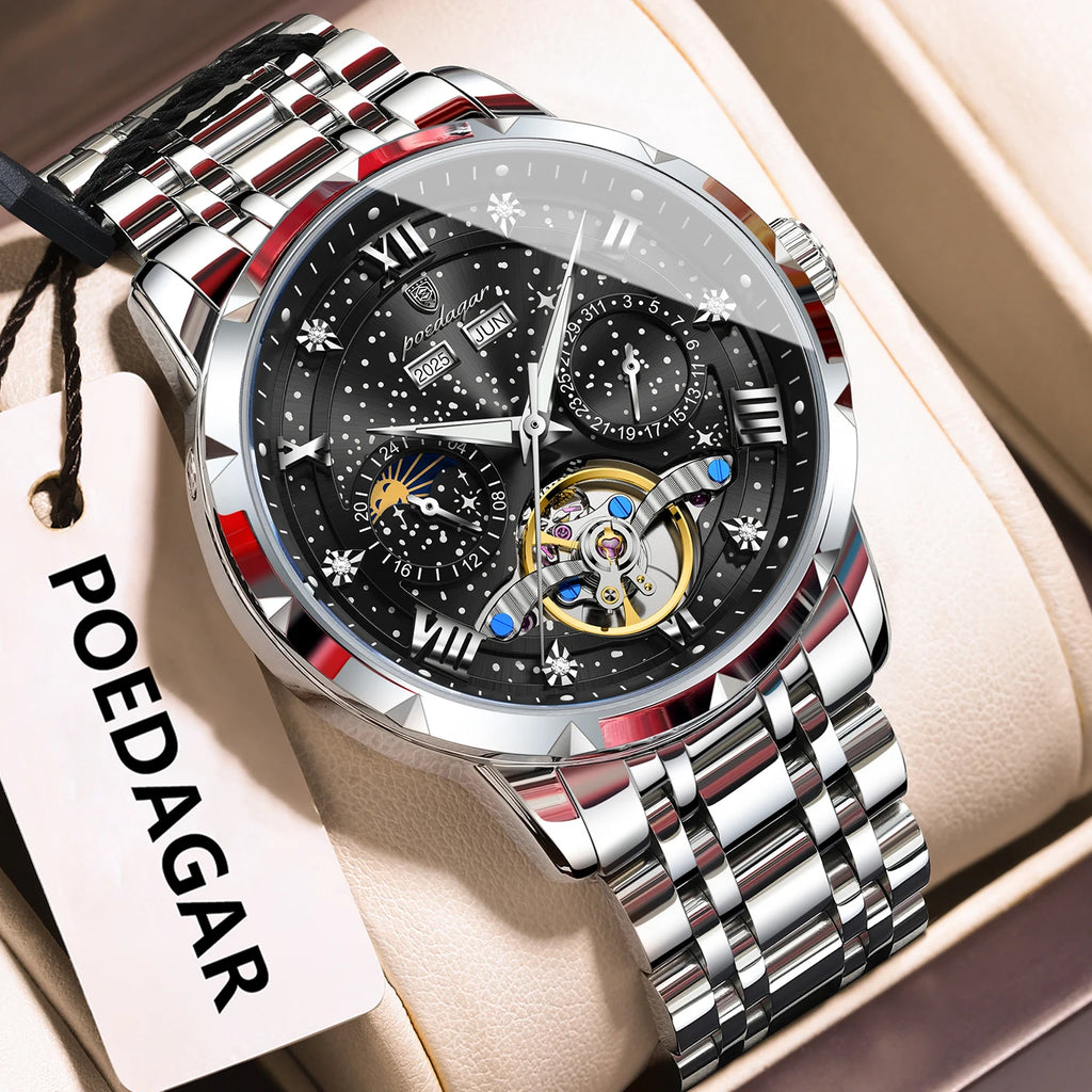 POEDAGAR Luxury Men Wristwatch Fashion Date Hollow Tourbillon Man Clock Automatic Mechanical Stainless Steel Men's Watches Reloj