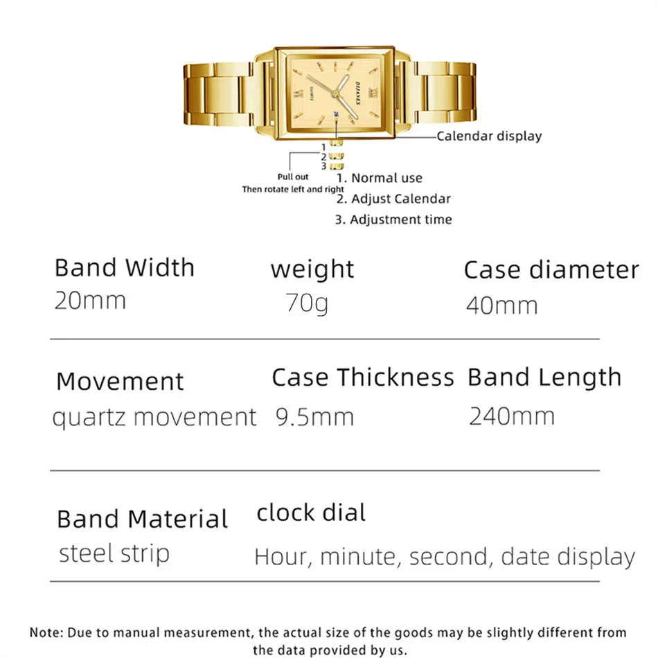 Top Brand Luxury Watches for Men Fashion Quartz Wristwatch Square Gold Stainless Steel Business Clock Relogio Masculino